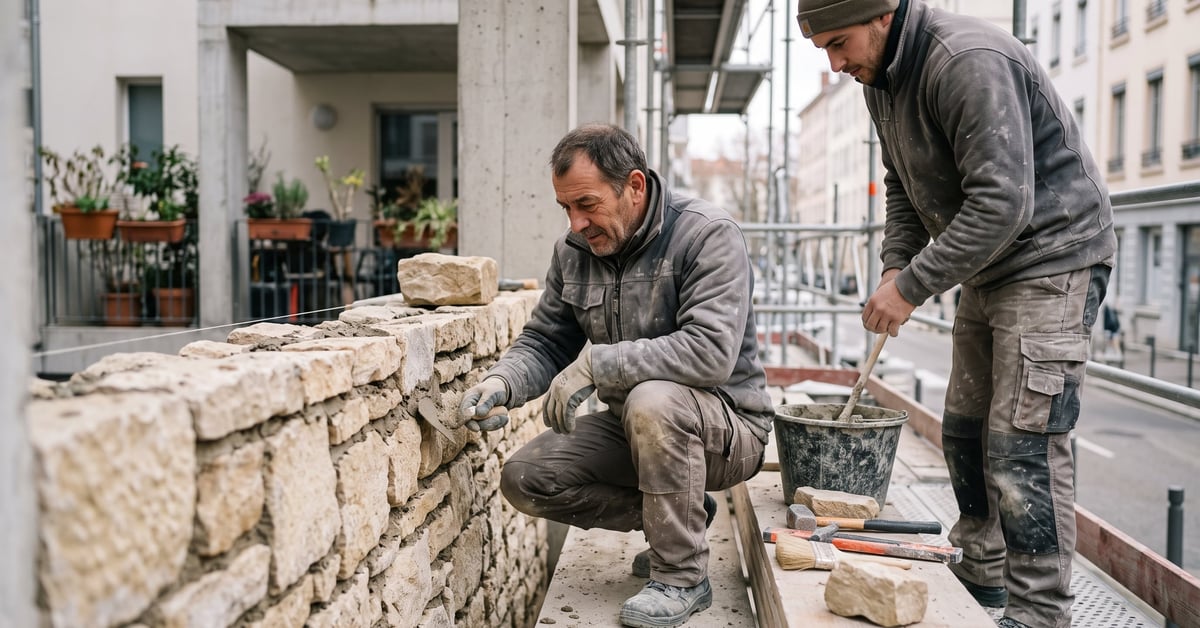 Artisan maçon au travail sur un chantier de construction, posant des briques avec précision